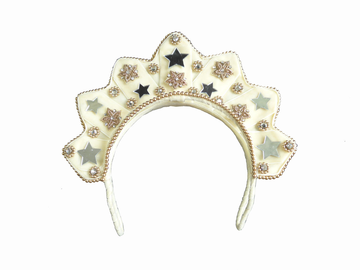Front view of Headpiece and Mini Shopper Set showcasing an ivory star embellished headpiece on a white background