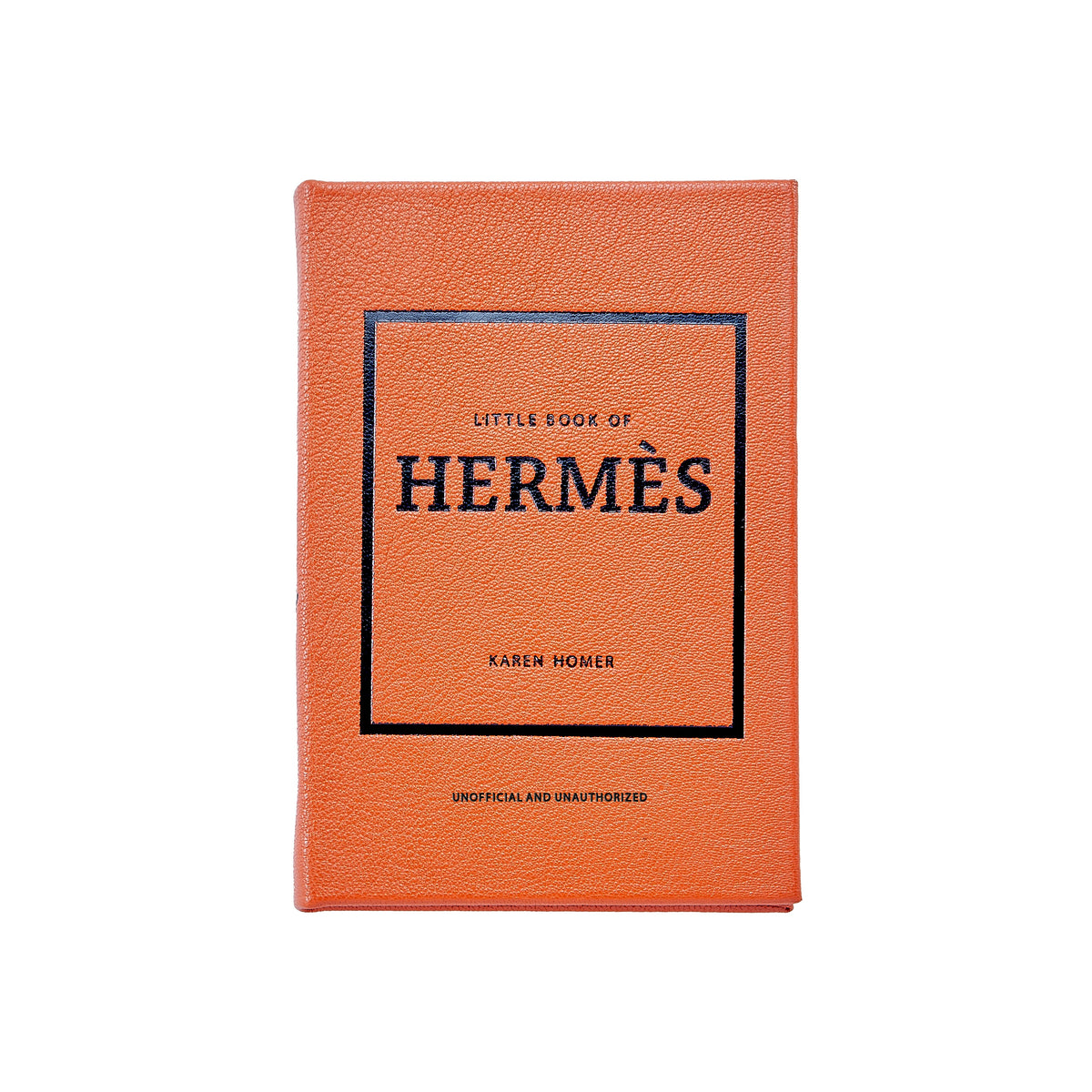 Close-up of Little Book of Hermes in Bonded Leather showcasing orange textured cover and embossed lettering on white background