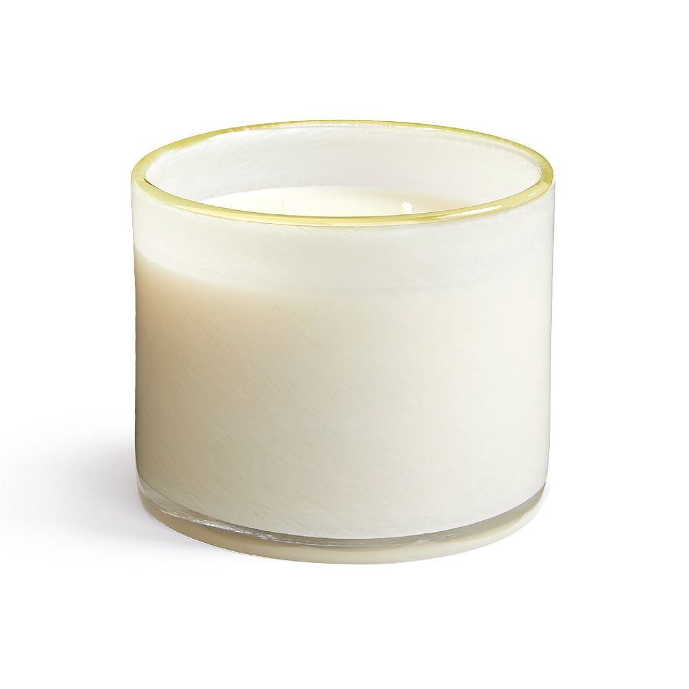 Front view of Feu de Bois 3-Wick Candle showcasing its cream glass vessel with white background