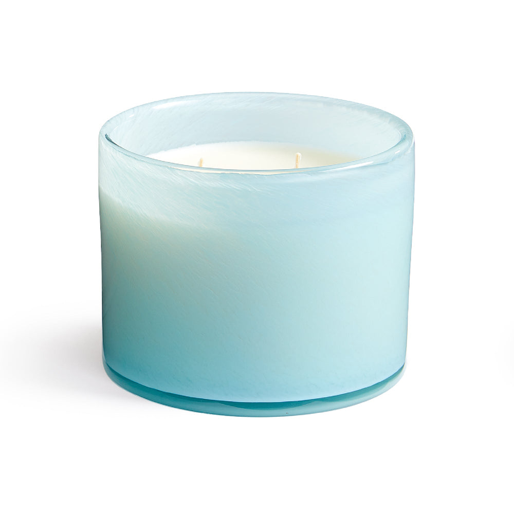Front view of Marine 3-Wick Candle showcasing pale blue glass and three wicks with a white background