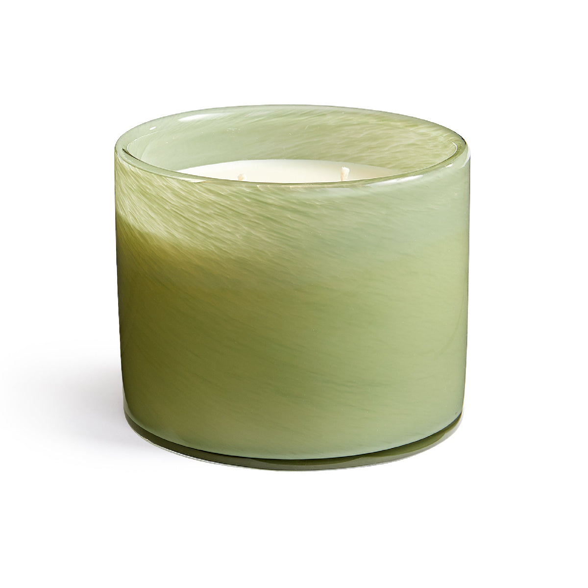 Front view of Fresh Cut Gardenia 3-Wick Candle showcasing its pale green glass vessel and three wicks on a white background