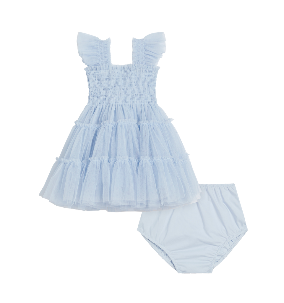 The Tulle Ribbon Ellie Nap Dress - White Tulle with Blue Ribbon