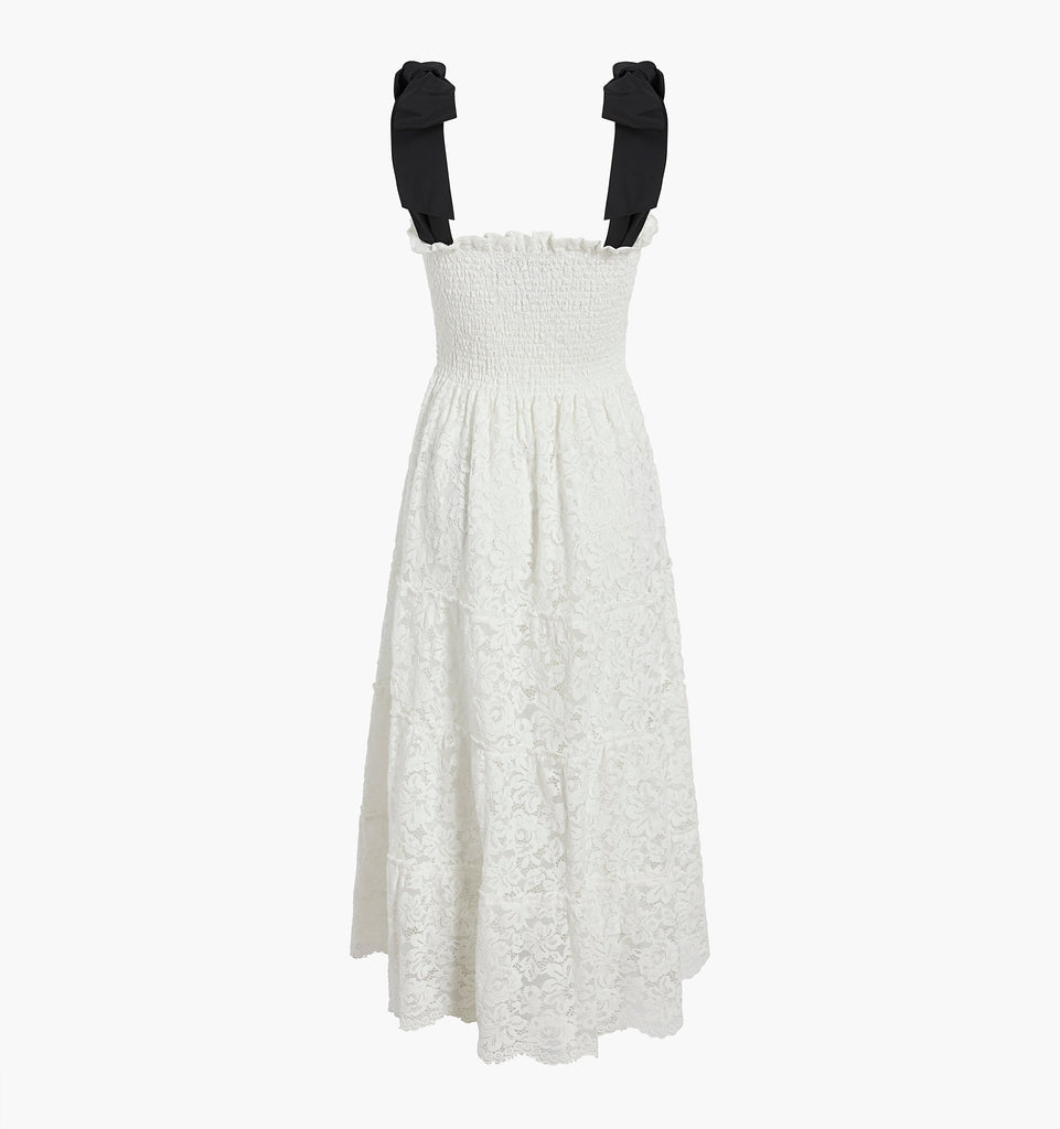The Lace Ribbon Ellie Nap Dress in White Lace with Black Ribbon