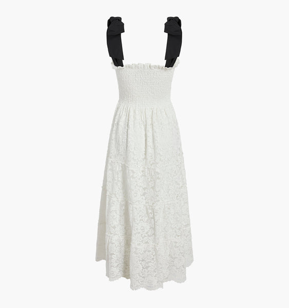 The Lace Ribbon Ellie Nap Dress in White Lace with Black Ribbon The Lace Ribbon Ellie Nap Dress in White Lace with Black Ribbon
