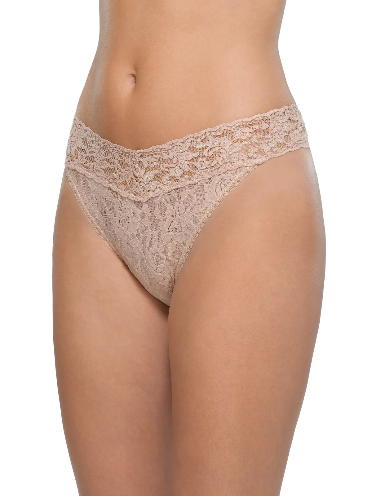 Front view of 3-Pack Original Rise Thongs showcasing natural nude stretch lace and V-front waistband on a model