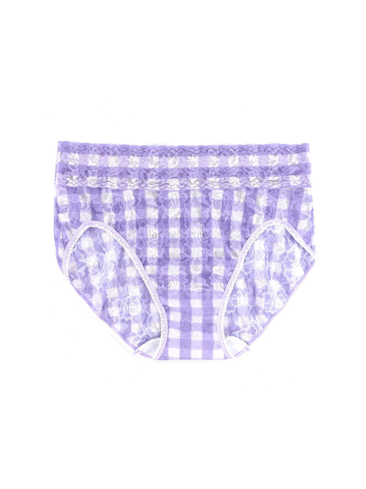 Front view of Printed Signature Lace French Brief showcasing lavender gingham stretch lace and high-cut legs against a white background
