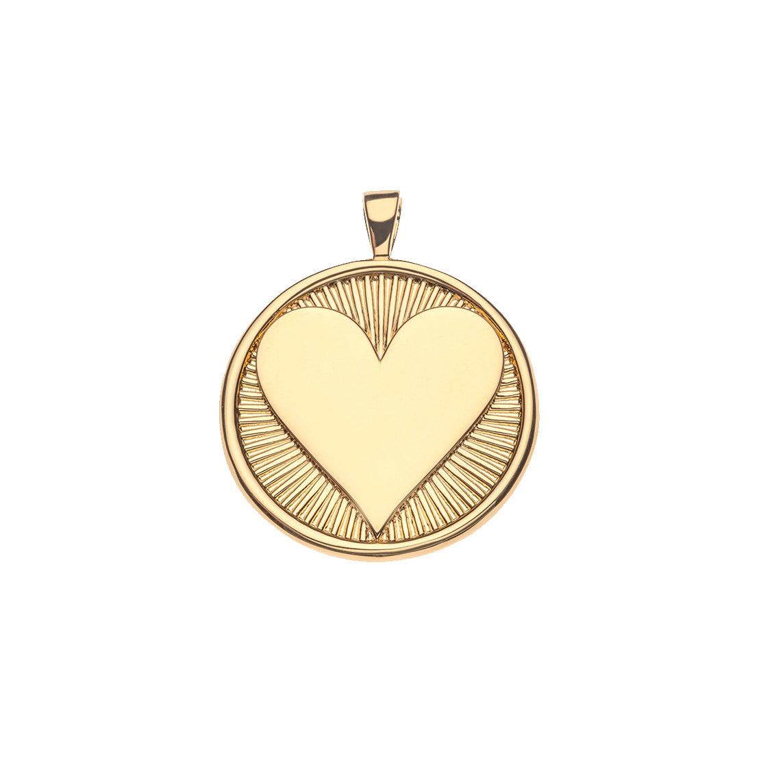Front view of Hearts Find Me Love Pendant Necklace showing a gold dipped heart shaped coin with radiating lines on white