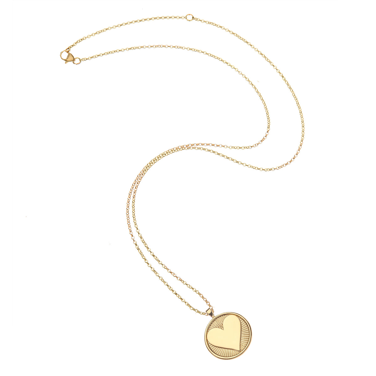Front view of Hearts Find Me Love Pendant Necklace showcasing a heart-shaped coin pendant on a gold-tone chain with a white background