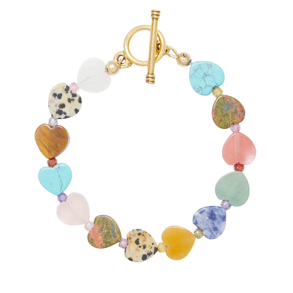 Top-down view of Heidi Bracelet with heart-shaped multicolored semi-precious beads and gold toggle clasp on white background