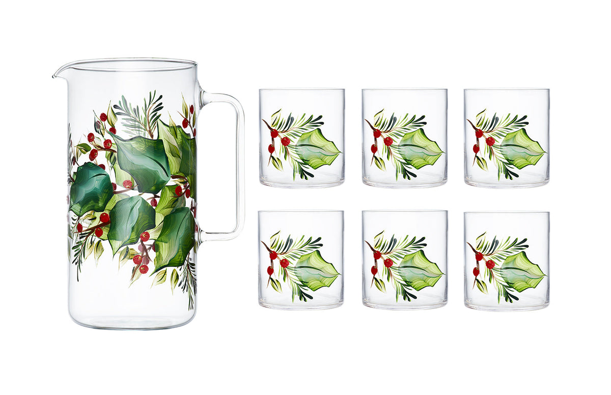 Front view of Holly Jug with Set of 6 Tumblers showcasing hand painted holly leaves and red berries