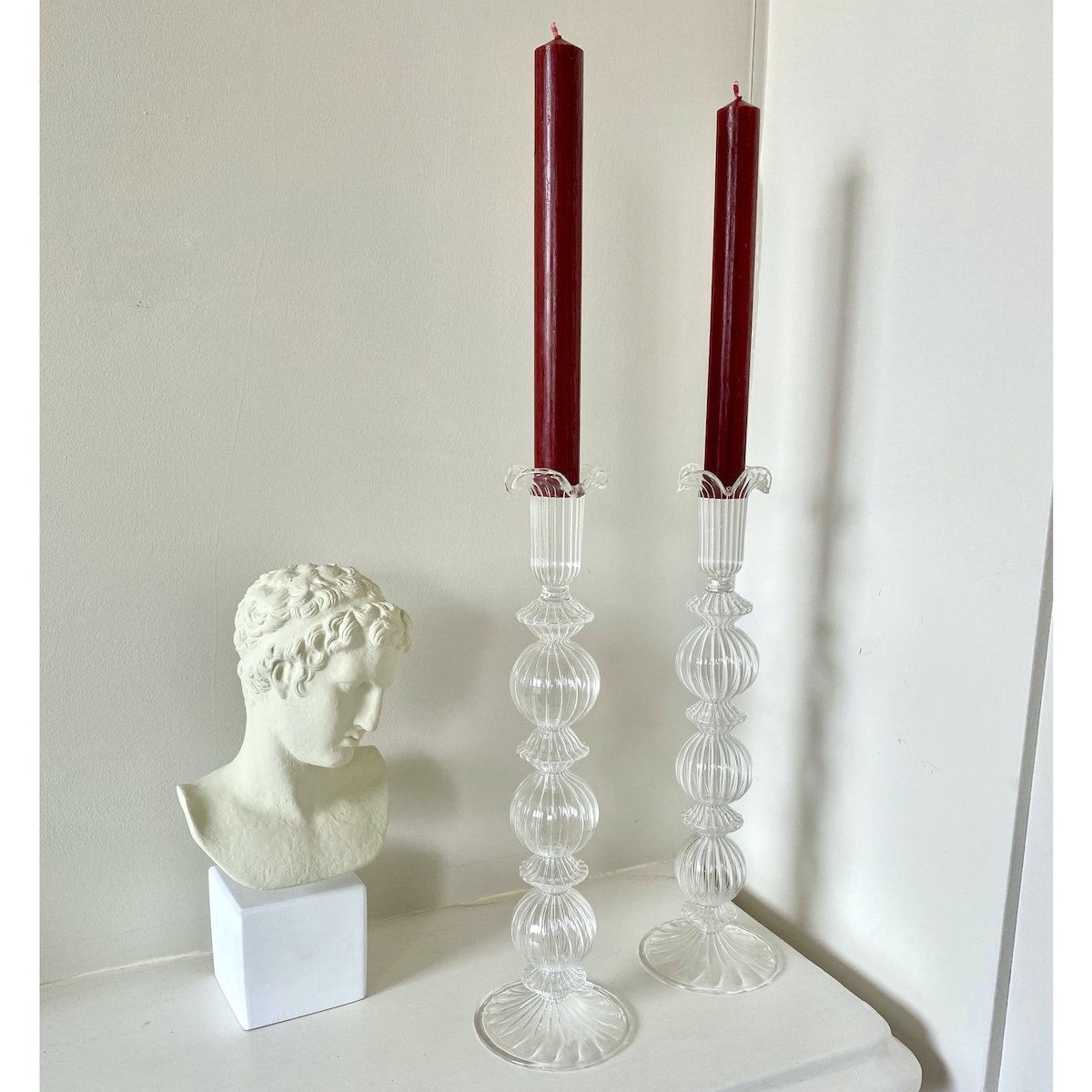 Issy Granger Glass Candle Holder | Red Wax Dinner Candles