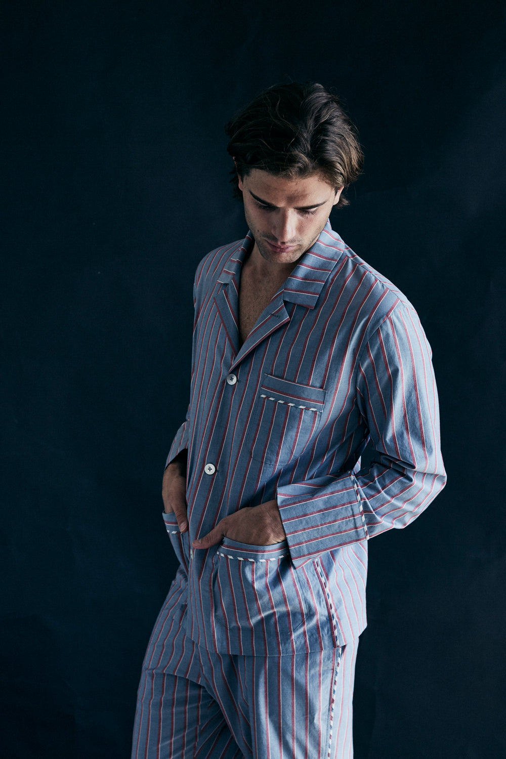 Hyperion Men's Pajama Top in Red Grey Stripe