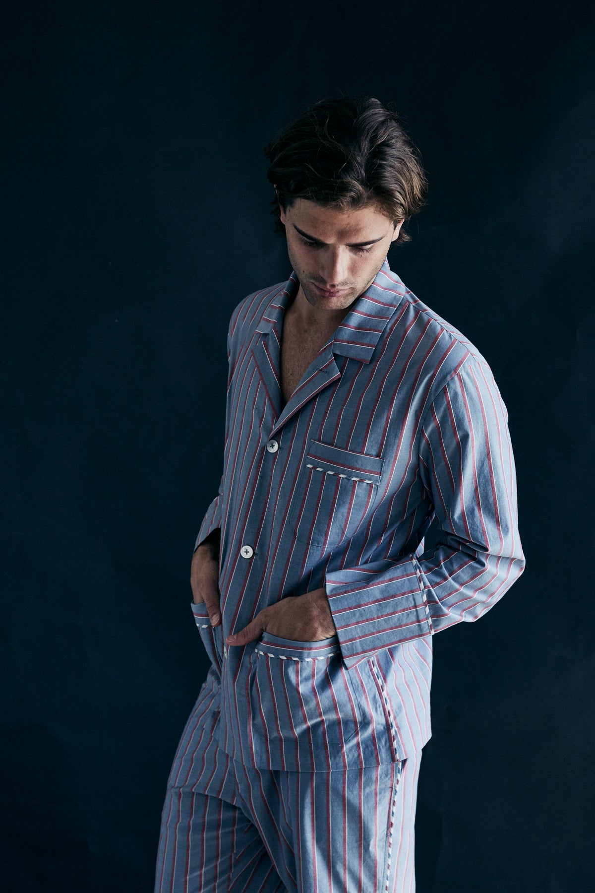 Hyperion Men's Pajama Top in Red Grey Stripe