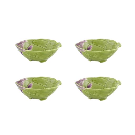 Front view of Artichoke Bowl in Green, set of 4, showcasing artichoke-inspired relief on a white background