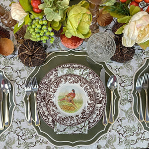 toile de jouy bitds in sage with woodland spode on faux leather placemat in sage