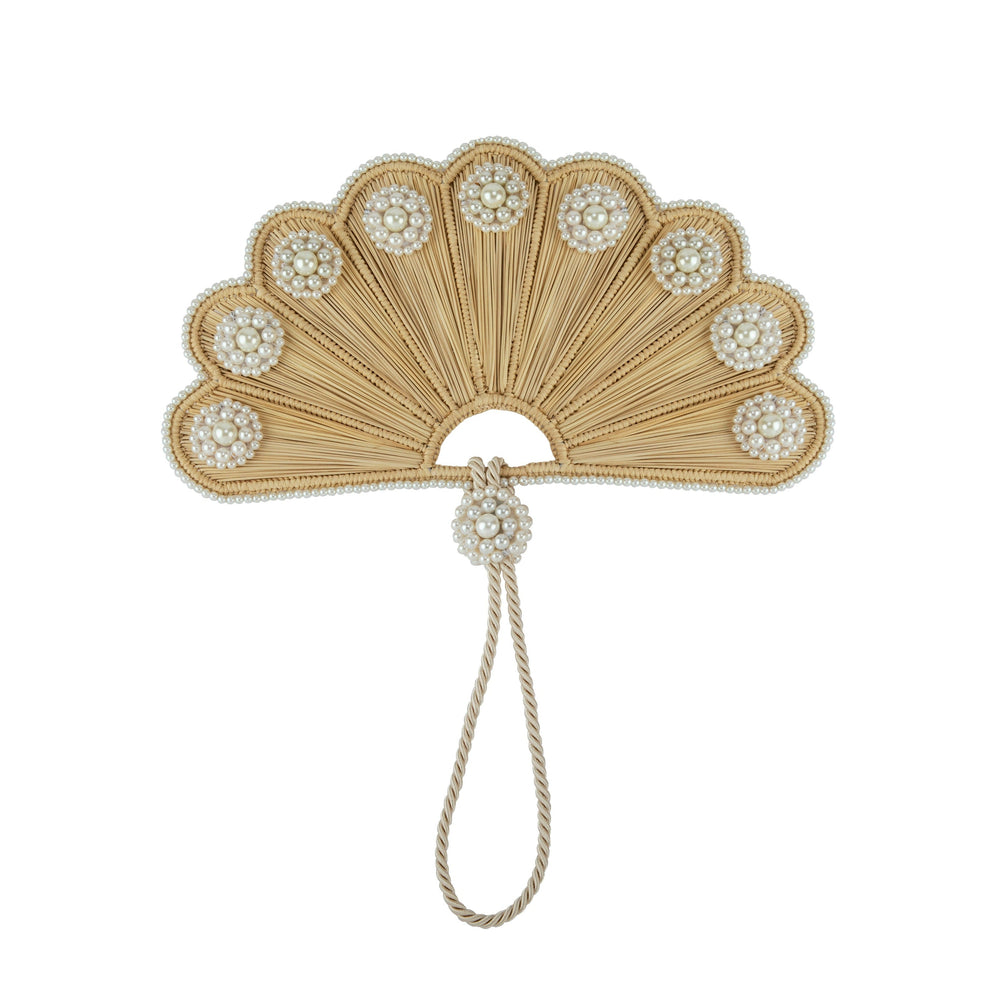 Front view of Cloud Shaped Iraca Pearl Fan showcasing rounded frame, faux pearl embellishments, and wristlet against a white background