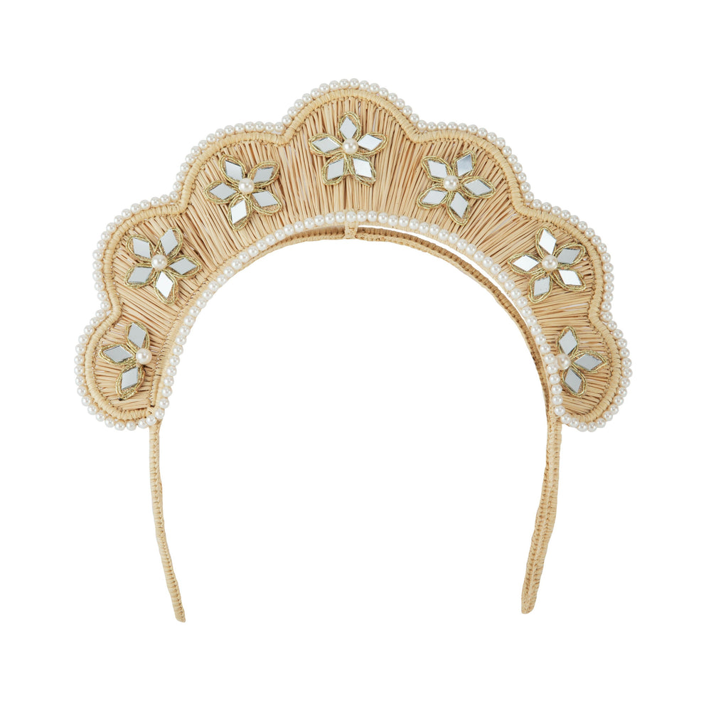 Front view of Cloud Shaped Iraca Stars Mirror & Pearls Headpiece showcasing mirror star motifs and pearl embellishments with a white background