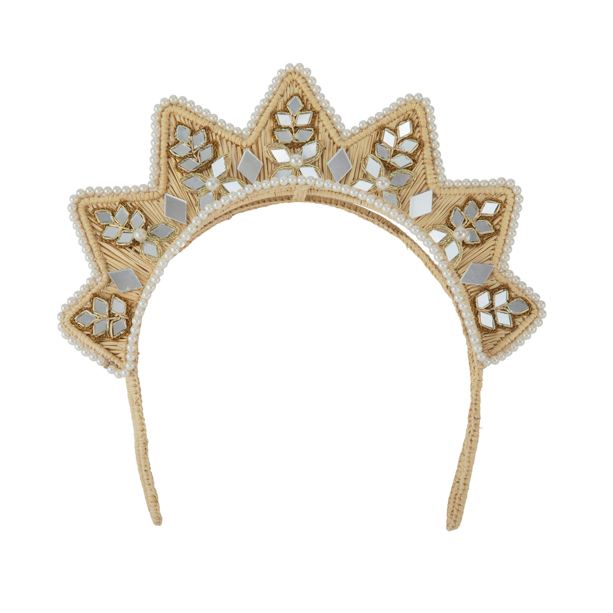 Front view of Star Shaped Iraca Jaipur Mirror Headpiece showcasing silver bugle beads and faux pearls on a white background