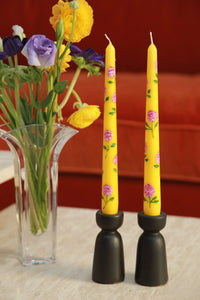 Yellow and Pink Peony Hand-Painted Taper Candles, Set of Two