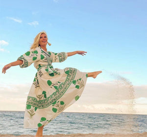 Sue Sartor Flounce Dress in Emerald Marigold