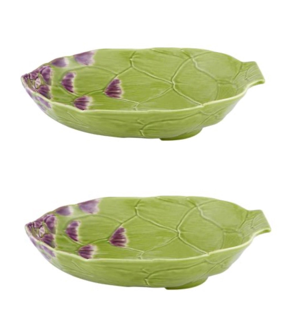 Side view of Artichoke Pasta Plate in Green, set of 2 showcasing raised leaf details and purple accents on a white background