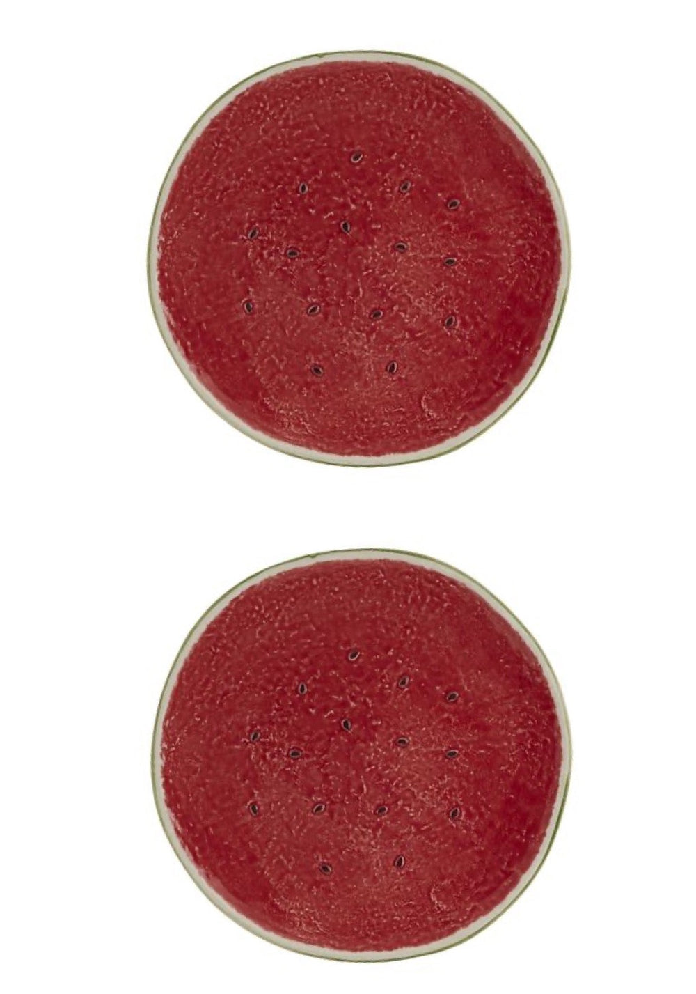 Top view of the Watermelon Charger Plate set of 2 showcasing red seeded centers and pale green rims on a white background