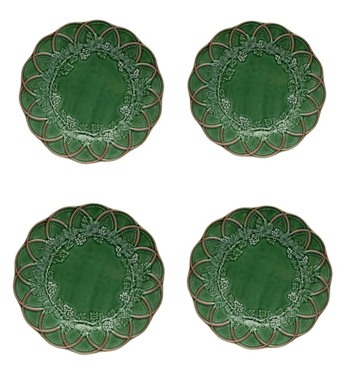 Front view of Woods Dinner Plates showcasing green and brown botanical relief borders on a white background