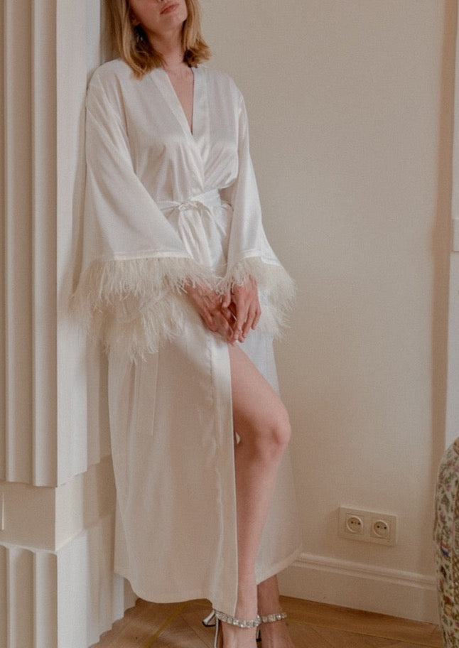 Long Silky Satin Feather Robe