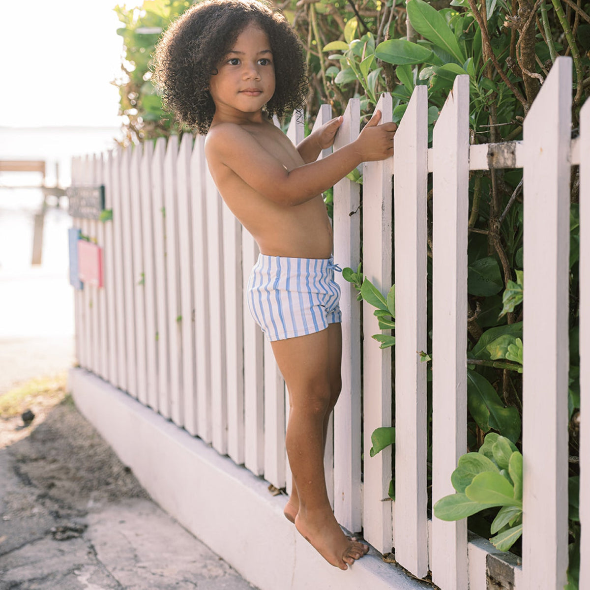 Child wearing the Boys Bahamian Blue Stripe Brief stands on a white fence beside tropical greenery and the beach