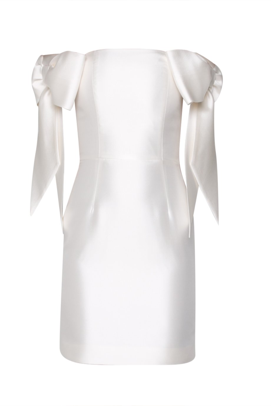 View of Isabella silk and wool mini dress showcasing white off-the-shoulder sleeves with bows on a white background