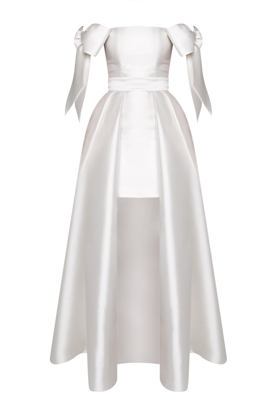 Front view of Isabella Silk and Wool Mini Dress with Convertible Skirt in white, showing sleeve bows and removable overskirt