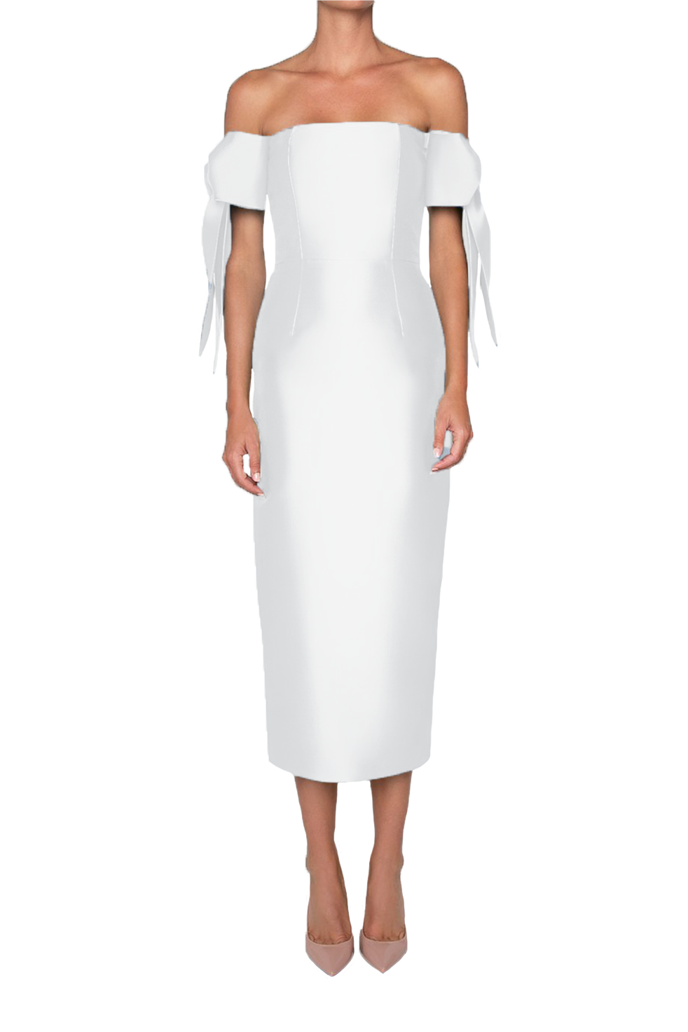 Front view of Isabella Silk and Wool Midi Dress in White showcasing an off the shoulder neckline and sleeve bows on a model