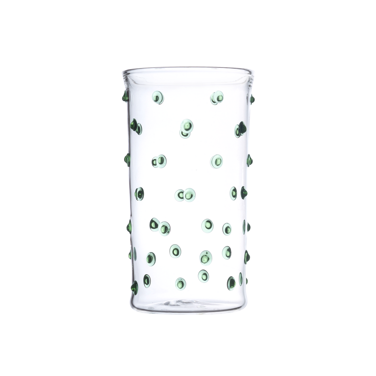 Front view of Pom Highball Glass showcasing green bobble design against a white background