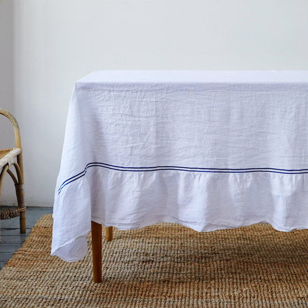Double Piped Linen Tablecloth in White