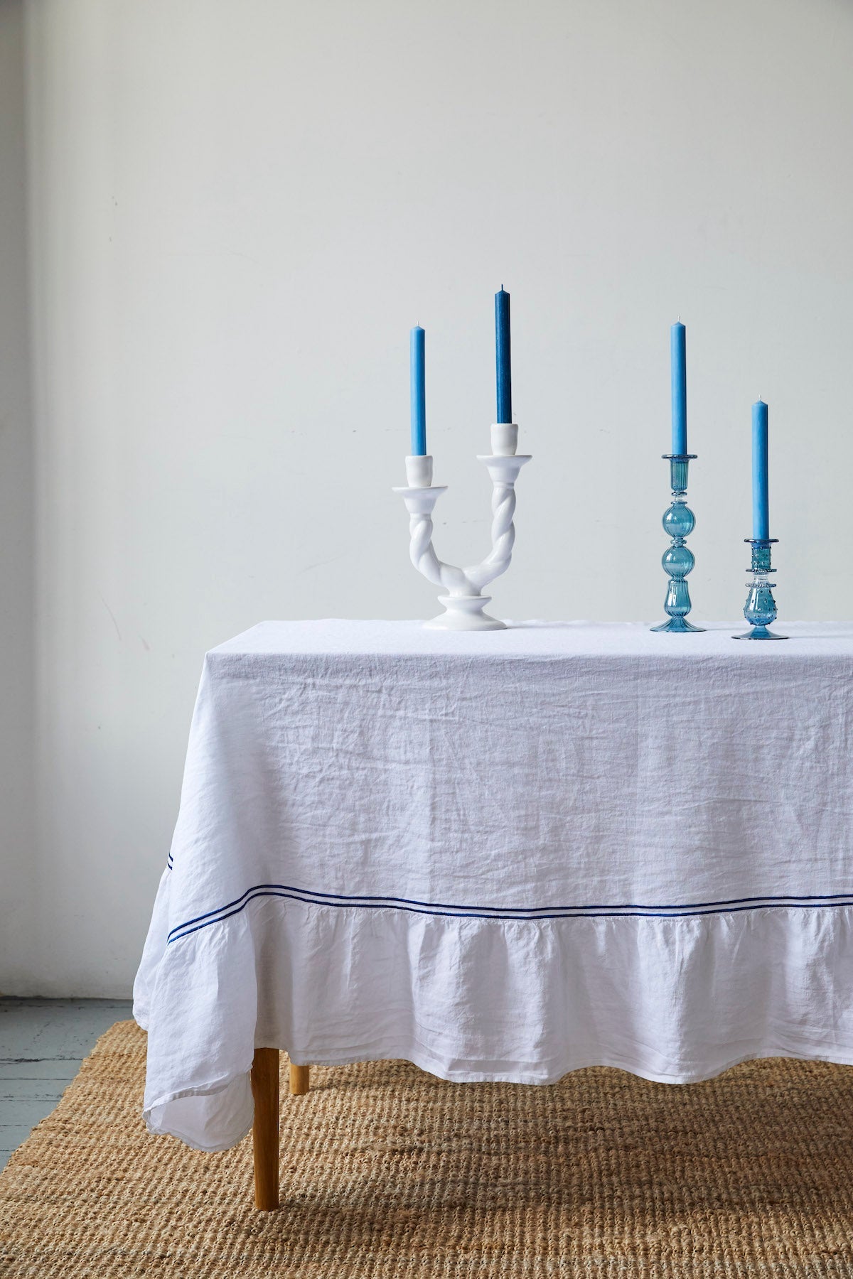 Issy Granger  White Double Piped Linen Tablecloth