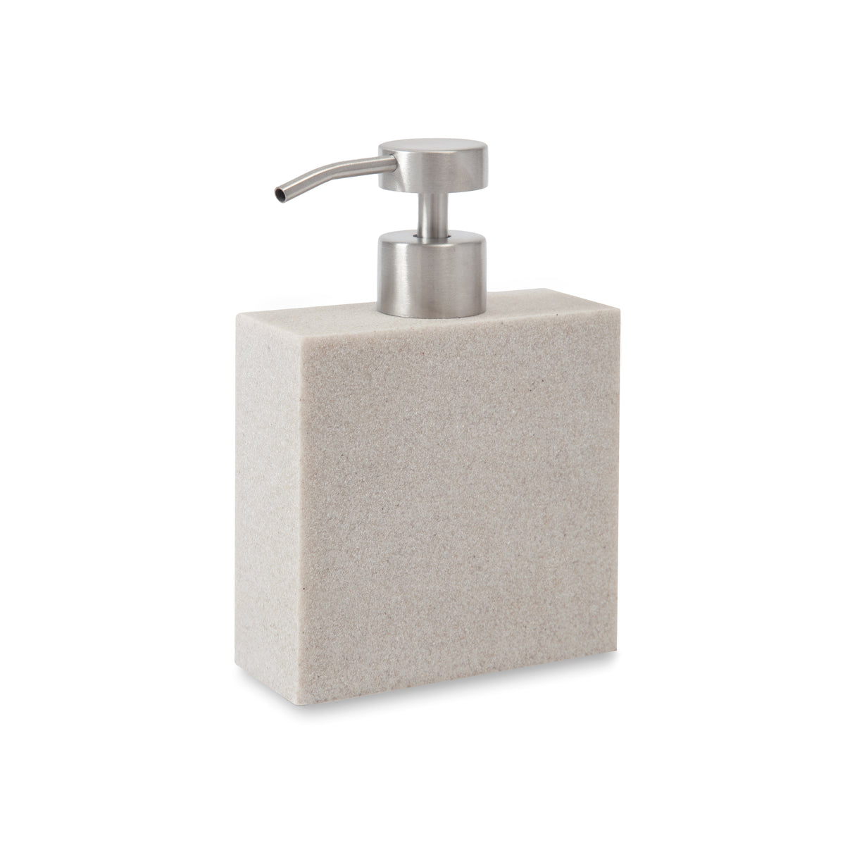 Three quarter view of Slate lotion dispenser in ivory with rectangular resin body and brushed metal pump on white background