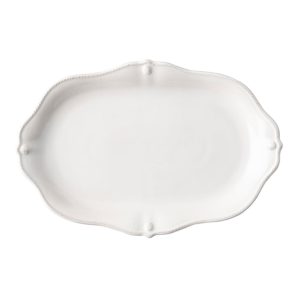 Overhead view of Berry & Thread Whitewash 16-inch platter with scalloped rim, rope trim, and berry accents on white background