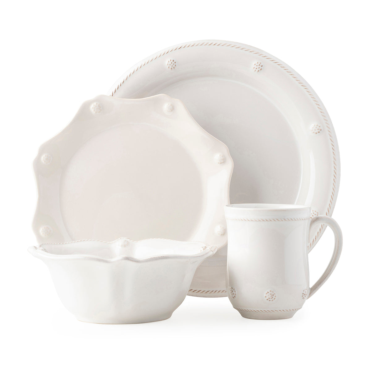 Berry & Thread Whitewash Place Setting (with Mug & Cereal), Set of 4
