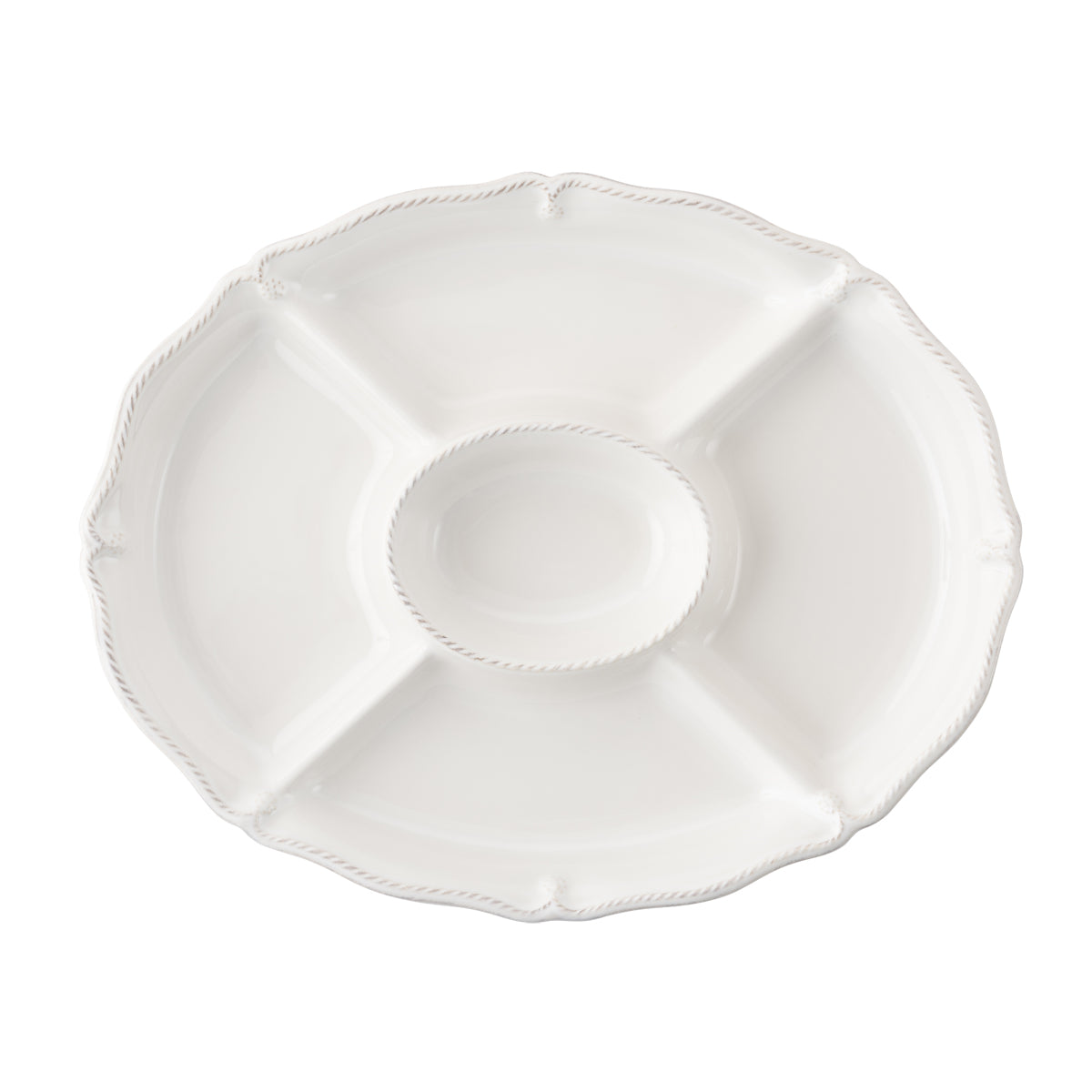 Top view of Berry & Thread Whitewash Crudité platter with center dip, four divided sections and scalloped edge on white