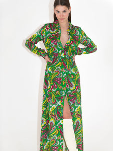 Jacqueline Crepe Shirt Maxi Dress in Paisley Green