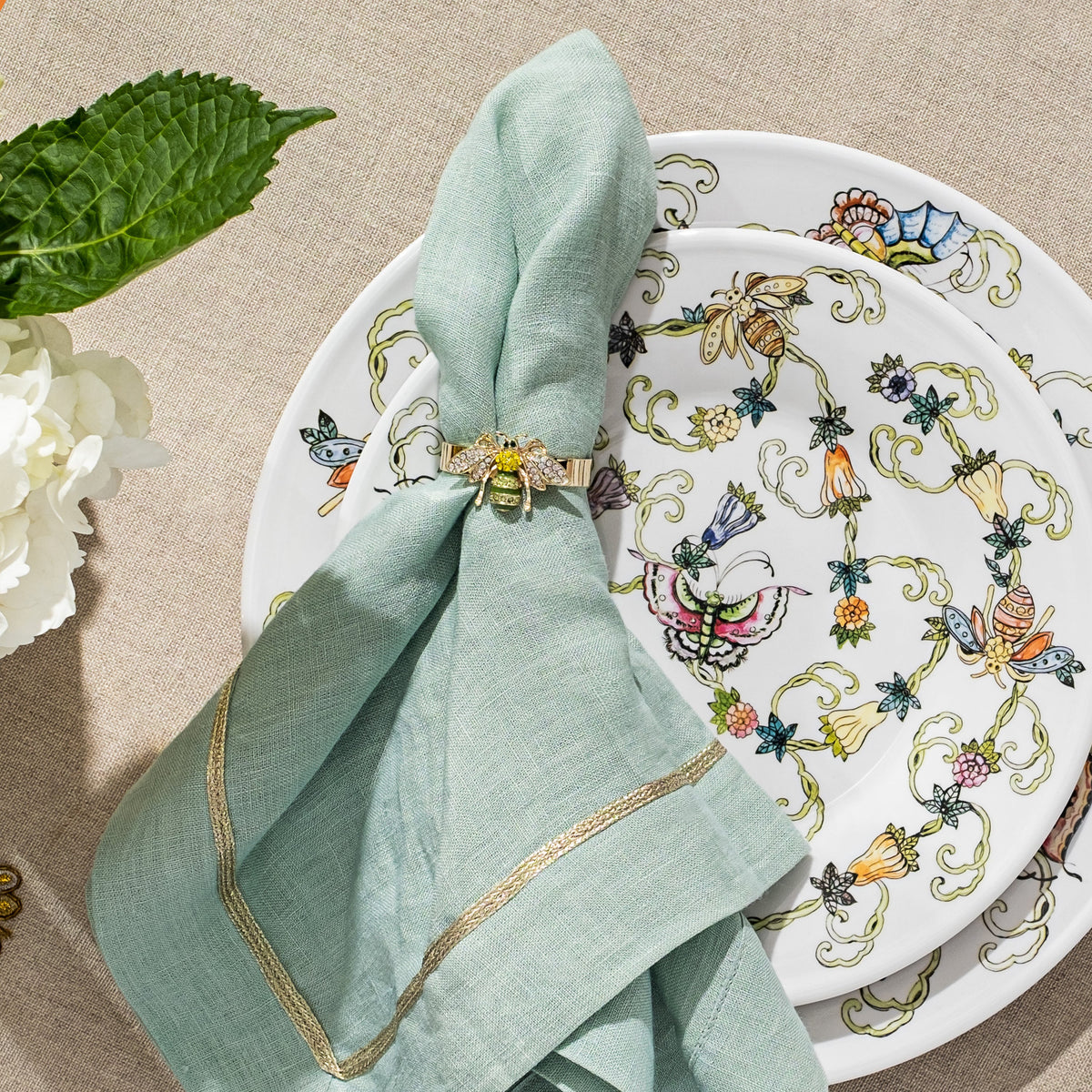 Skinny Stripey Bee Napkin Rings in Green, Set of Four