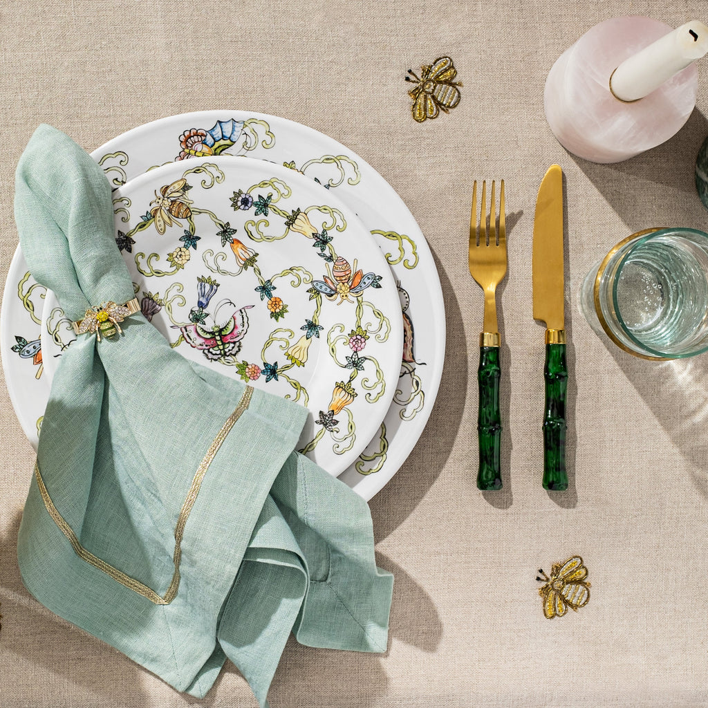 Skinny Stripey Bee Napkin Rings in Green, Set of Four