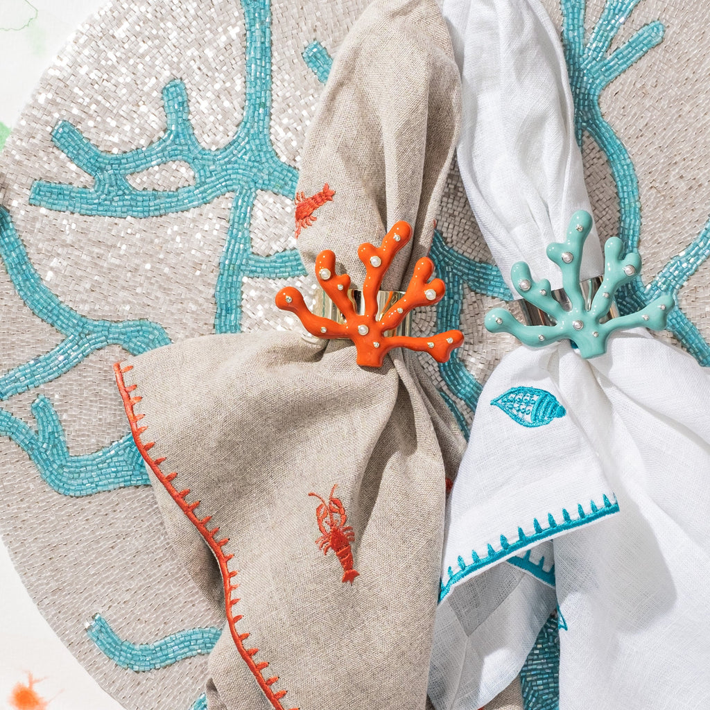 Lobster Embroidered DInner Napkins in Flax, Set of Two