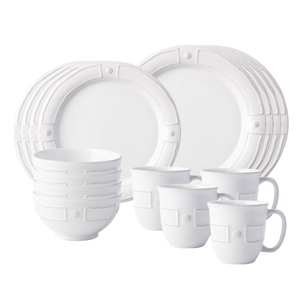 Three-quarter view of French Panel Whitewash 16-piece dinnerware set showing embossed rope-and-panel trim on white ceramic against a white background