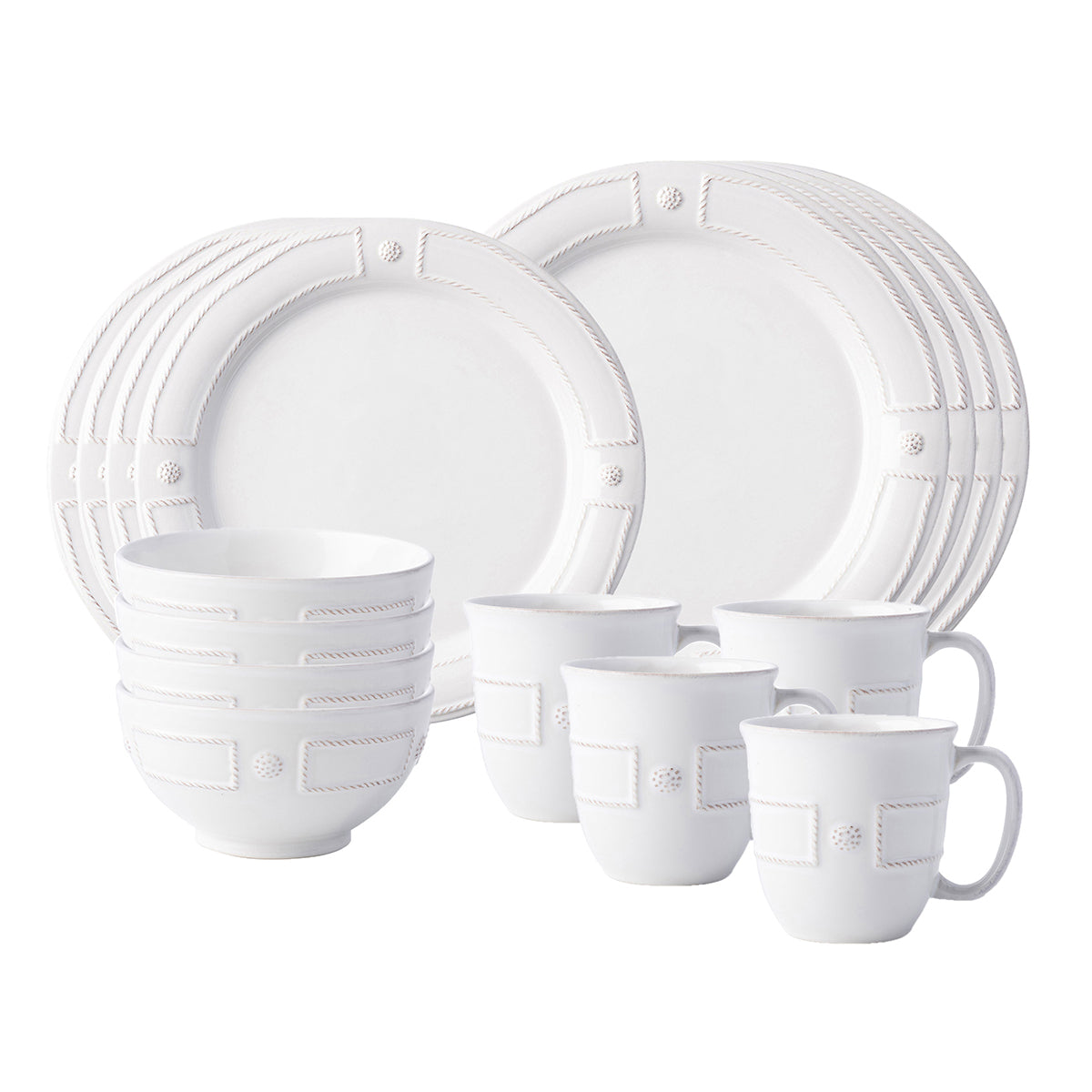 Three-quarter view of French Panel Whitewash 16-piece dinnerware set showing embossed rope-and-panel trim on white ceramic against a white background