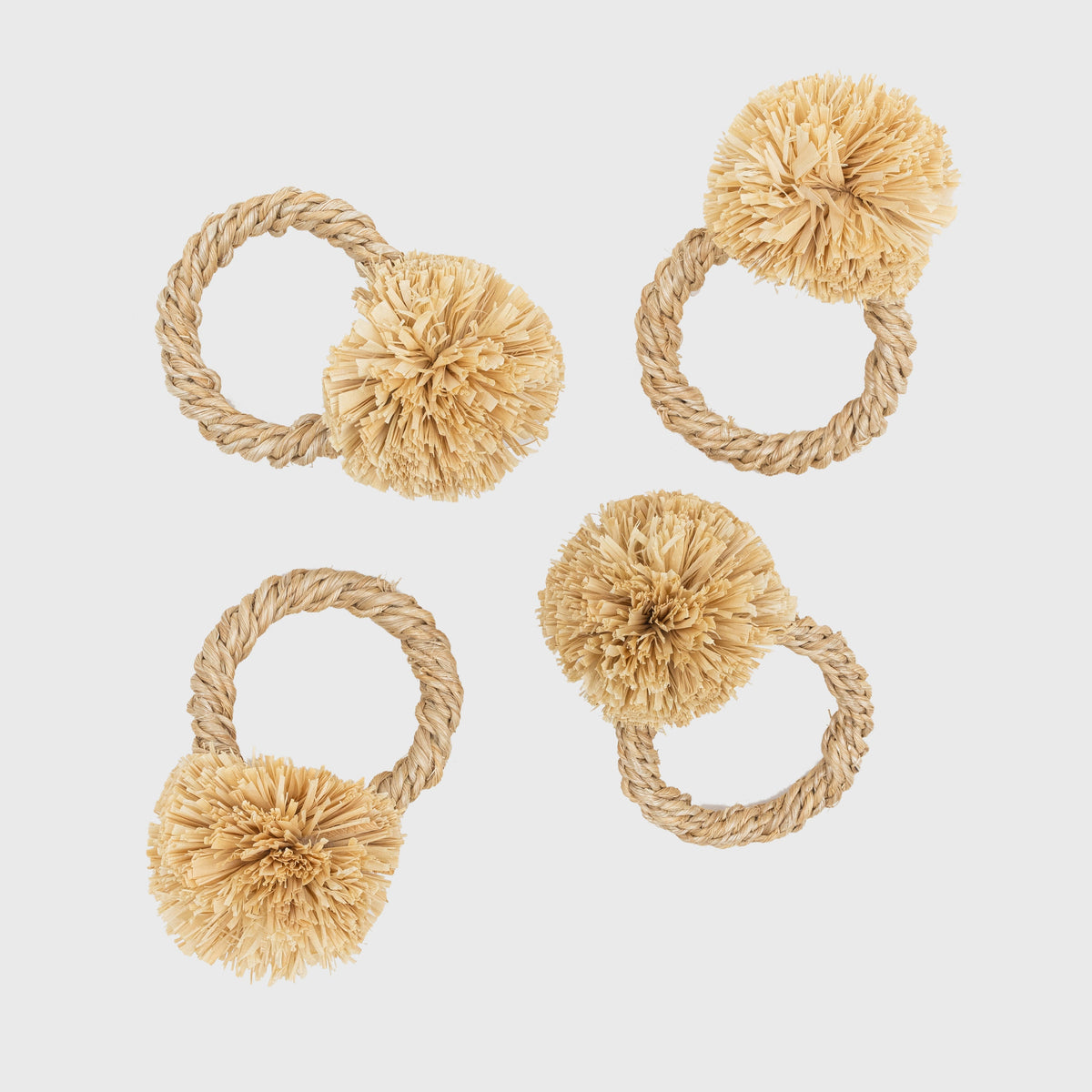 Straw Pompom Napkin Rings in Natural, Set of Four