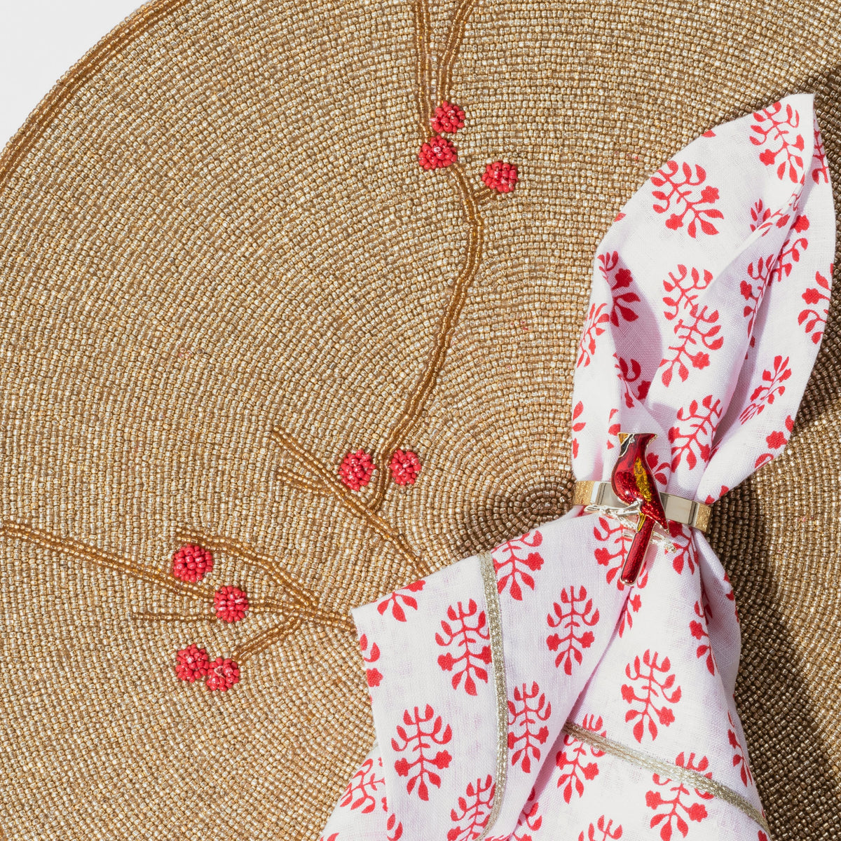 Berry Hand-Beaded Placemat in Gold and Red