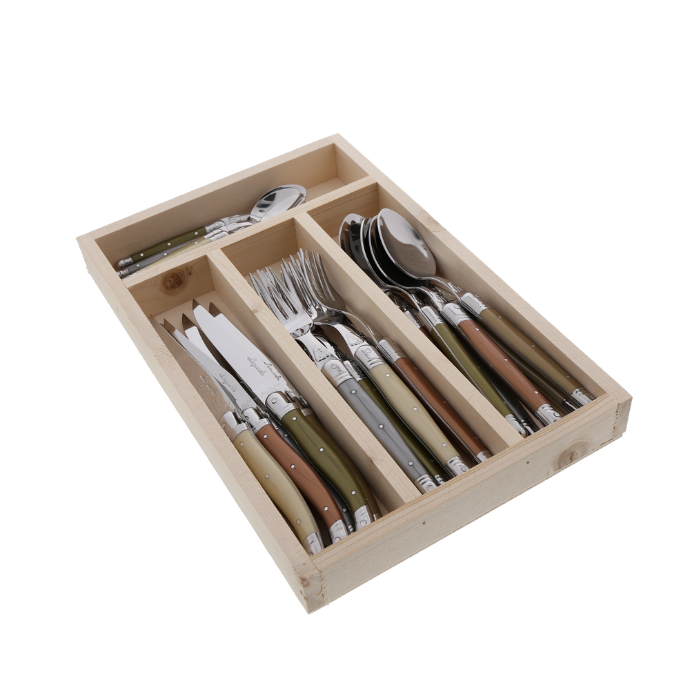 Angled top view of Everyday Flatware Set (24-piece) showcasing mineral pastel handles and stainless steel heads in a divided wooden storage tray