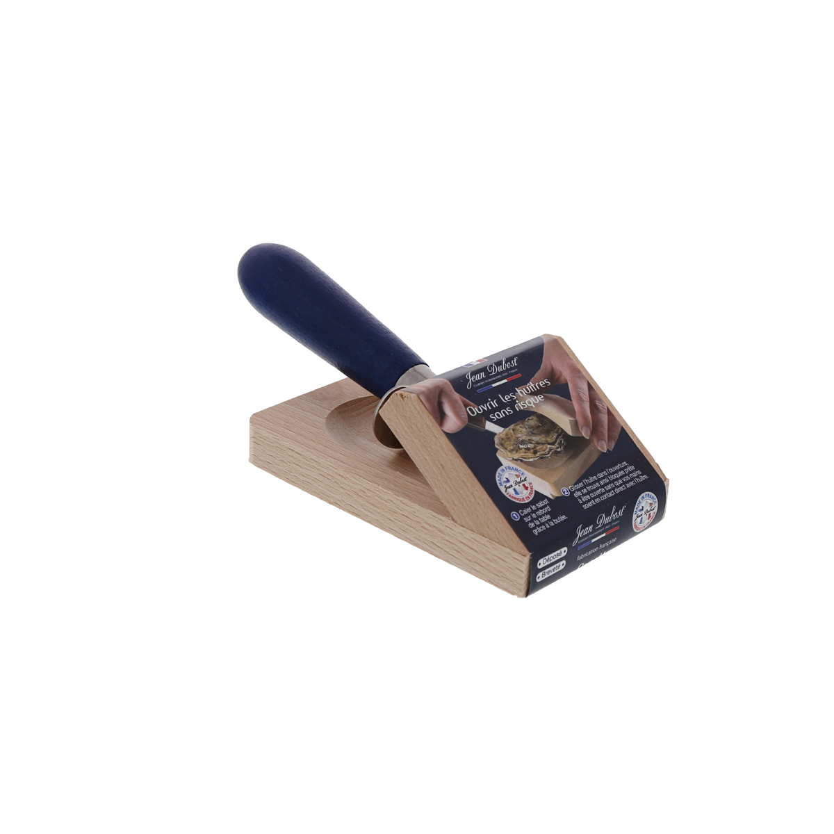 Angled view of the blue oyster opener showcasing its dark handle on a wooden base with product packaging