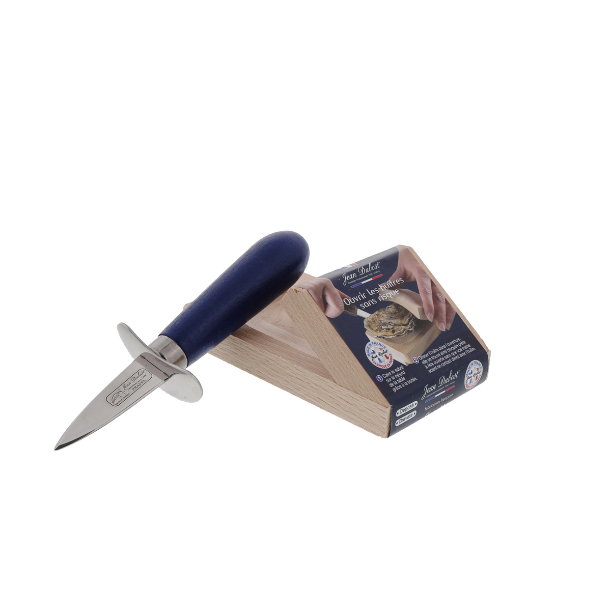 Angled view of Jean Dubost Laguiole Oyster Opener showcasing blue handle and stainless steel blade with packaging on white background
